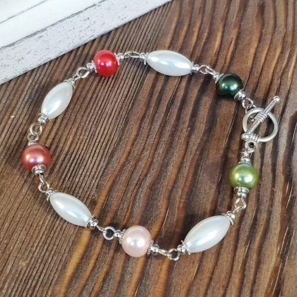 Glass Pearl Bracelet Silver White Multi Color - Picture 1 of 3